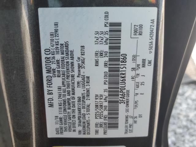 3FA6P0LU6KR151860 - 2019 FORD FUSION SE 灰色 照片 13