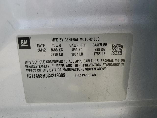 1G1JA5SH0C4219399 - 2012 CHEVROLET SONIC LS SILVER photo 12