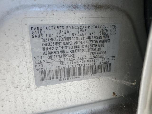 3N1AB7AP4KY243311 - 2019 NISSAN SENTRA S SILVER photo 12