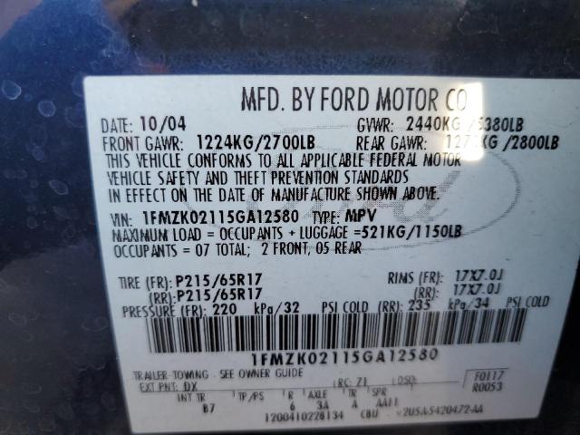 1FMZK02115GA12580 - 2005 FORD FREESTYLE SEL BLUE photo 12