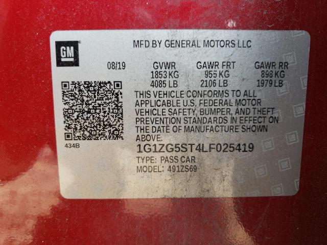 1G1ZG5ST4LF025419 - 2020 CHEVROLET MALIBU RS RED photo 12