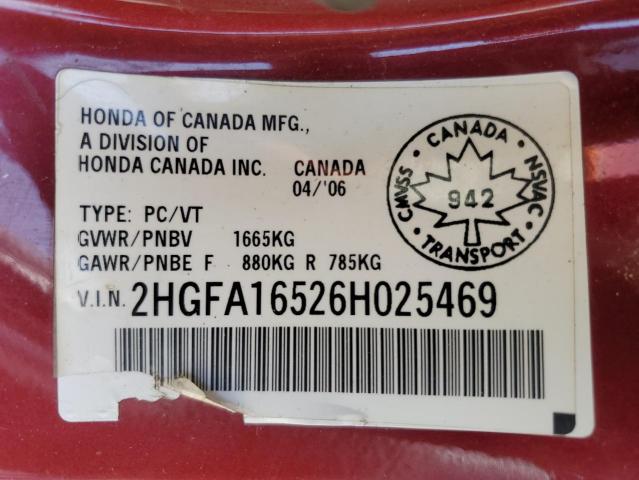 2HGFA16526H025469 - 2006 HONDA CIVIC LX Tünd qırmızı foto 12