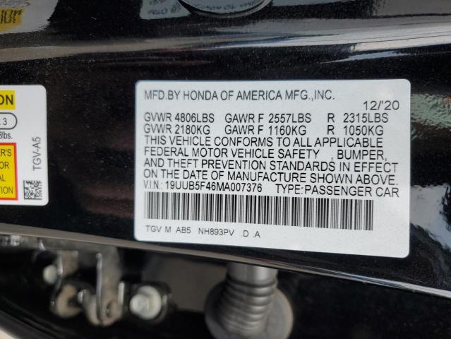 19UUB5F46MA007376 - 2021 ACURA TLX TECHNOLOGY BLACK photo 12