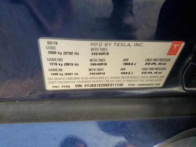 5YJSA1E20KF311745 - 2019 TESLA MODEL S 蓝色 照片 12