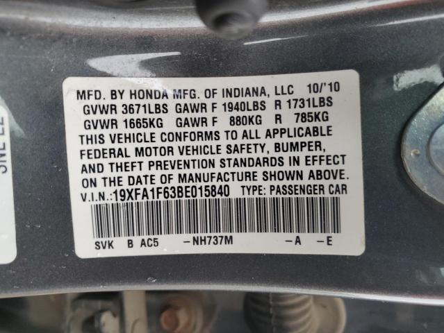19XFA1F63BE015840 - 2011 HONDA CIVIC LX-S رمادي صورة 13