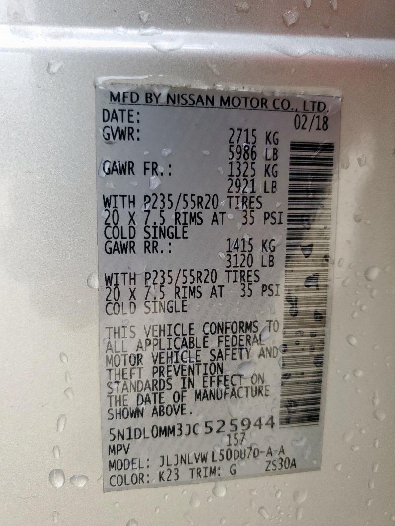 5N1DL0MM3JC525944 - 2018 INFINITI QX60 SILVER photo 14