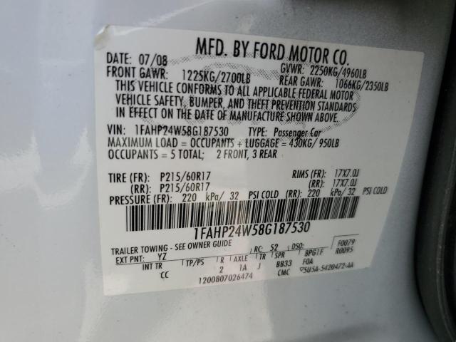 1FAHP24W58G187530 - 2008 FORD TAURUS SEL WHITE photo 12