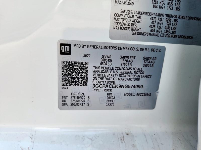 3GCPACEK9NG574090 - 2022 CHEVROLET SILVERADO C1500 LT WHITE photo 12