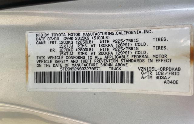 5TESN92N93Z279671 - 2003 TOYOTA TACOMA XTRACAB PRERUNNER ვერცხლისფერი ფოტო 10