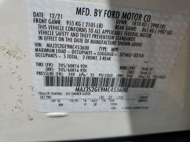 MAJ3S2GE9MC453600 - 2021 FORD ECOSPORT SE WHITE photo 12