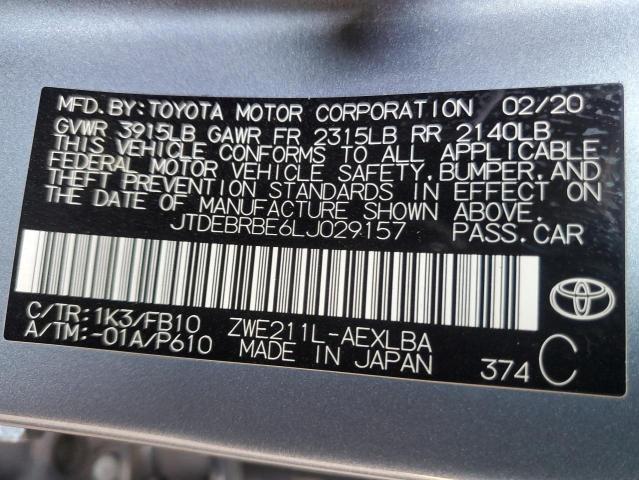 JTDEBRBE6LJ029157 - 2020 TOYOTA COROLLA LE GRAY photo 12