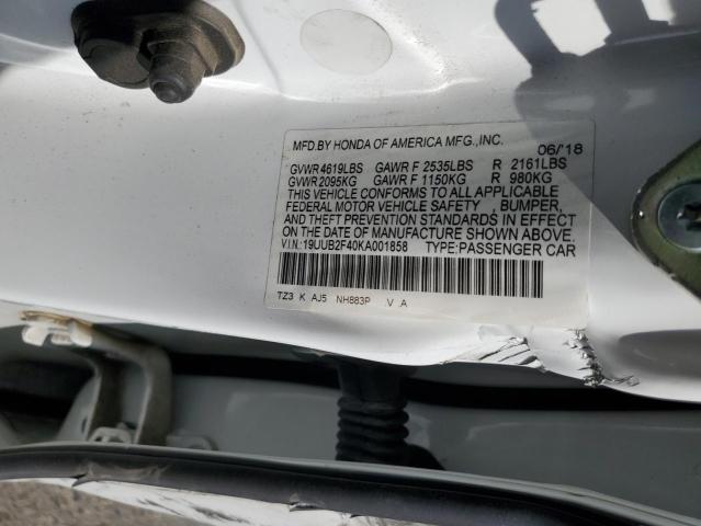 19UUB2F40KA001858 - 2019 ACURA TLX TECHNOLOGY 白色 照片 12