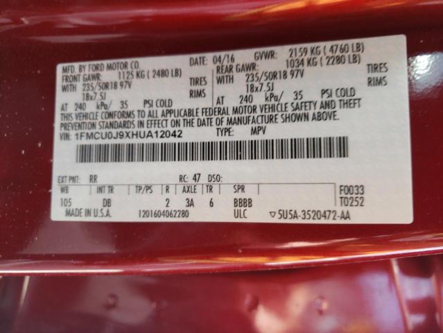 1FMCU0J9XHUA12042 - 2017 FORD ESCAPE TITANIUM RED photo 12