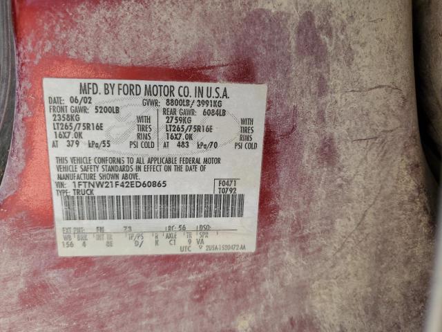 1FTNW21F42ED60865 - 2002 FORD F250 SUPER DUTY BURGUNDY photo 12