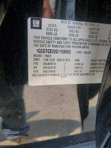 1GCGTCE32G1158662 - 2016 CHEVROLET COLORADO LT BLACK photo 12