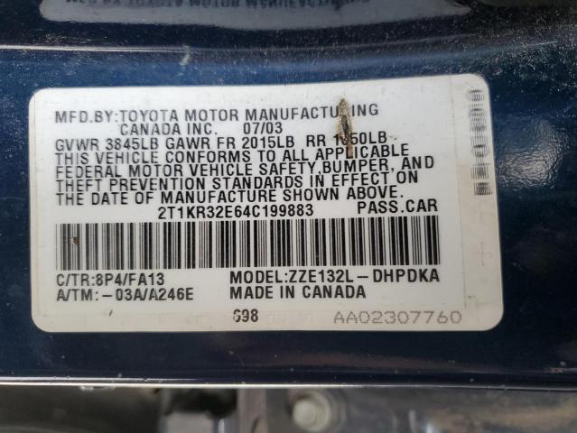 2T1KR32E64C199883 - 2004 TOYOTA COROLLA MA XR BLUE photo 12