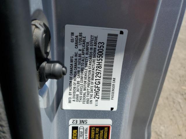 2HGFG12978H550053 - 2008 HONDA CIVIC EXL ვერცხლისფერი ფოტო 12