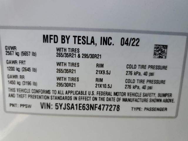 5YJSA1E63NF477278 - 2022 TESLA MODEL S Սպիտակ լուսանկար 10