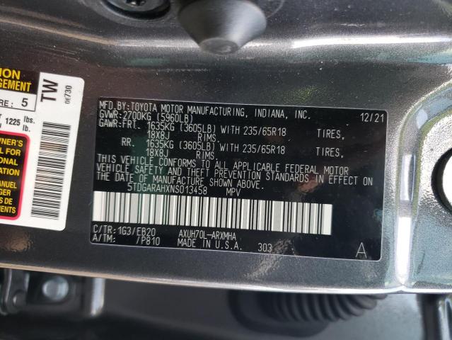 5TDGARAHXNS013458 - 2022 TOYOTA HIGHLANDER HYBRID XLE GRAY photo 10