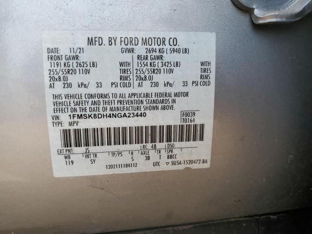 1FMSK8DH4NGA23440 - 2022 FORD EXPLORER XLT Plata foto 14