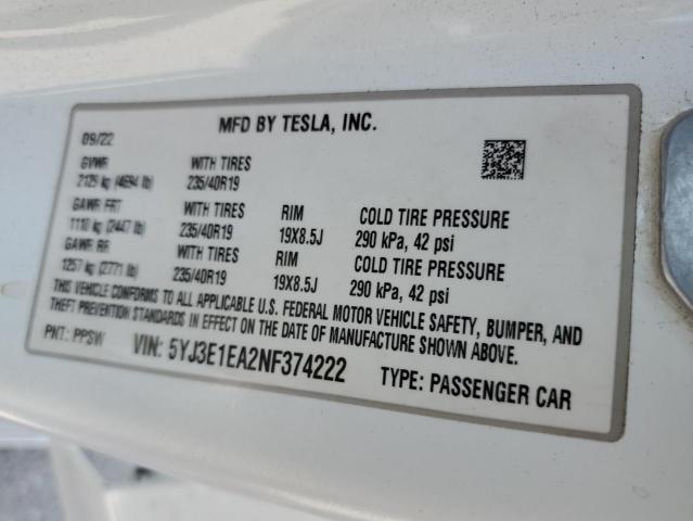 5YJ3E1EA2NF374222 - 2022 TESLA MODEL 3 Ağ foto 13