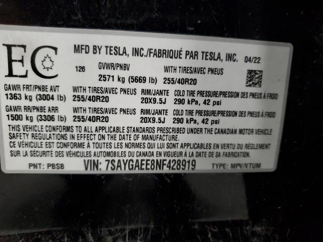 7SAYGAEE8NF428919 - 2022 TESLA MODEL Y BLACK photo 13