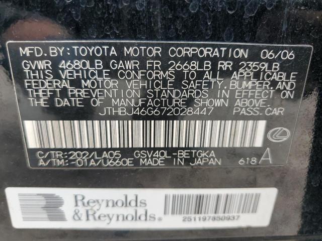 JTHBJ46G672028447 - 2007 LEXUS ES 350 BLACK photo 12