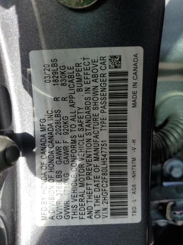 2HGFC2F80LH547751 - 2020 HONDA CIVIC SPORT 灰色 照片 12