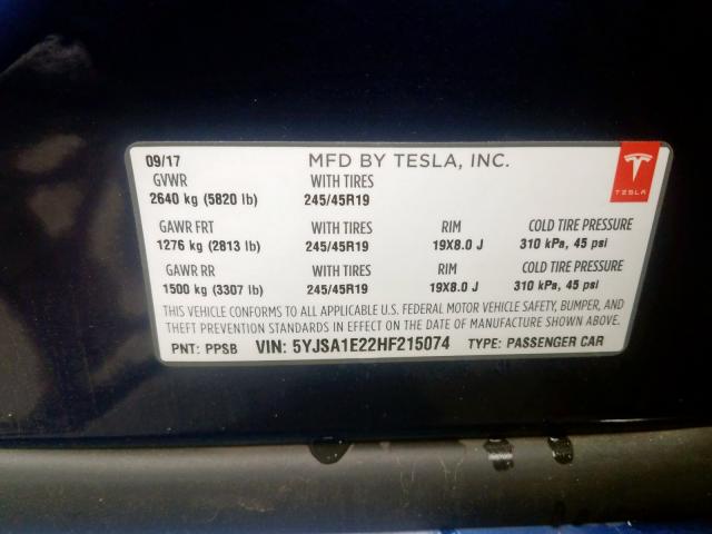 5YJSA1E22HF215074 - 2017 TESLA MODEL S  foto 10