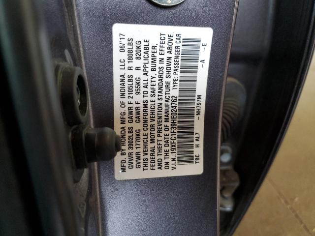 19XFC1F39HE024762 - 2017 HONDA CIVIC EX GRAY photo 12