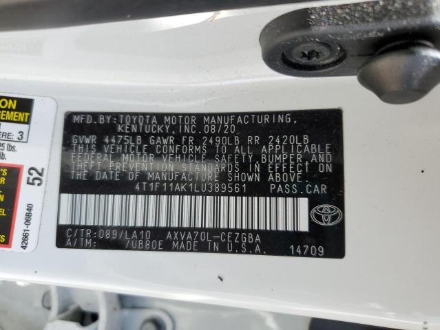 4T1F11AK1LU389561 - 2020 TOYOTA CAMRY XLE WHITE photo 13