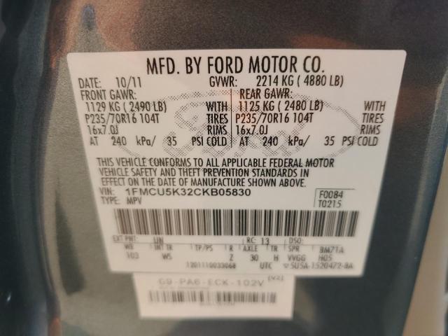 1FMCU5K32CKB05830 - 2012 FORD ESCAPE HYBRID ნაცრისფერი ფოტო 14