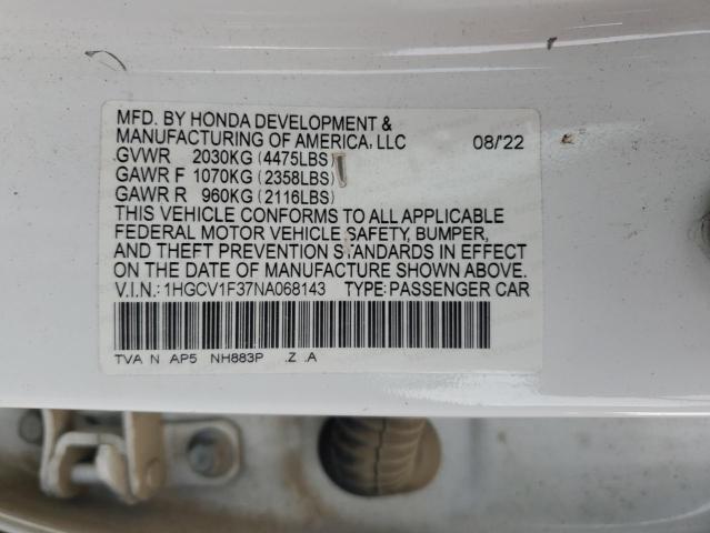 1HGCV1F37NA068143 - 2022 HONDA ACCORD SPORT WHITE photo 12