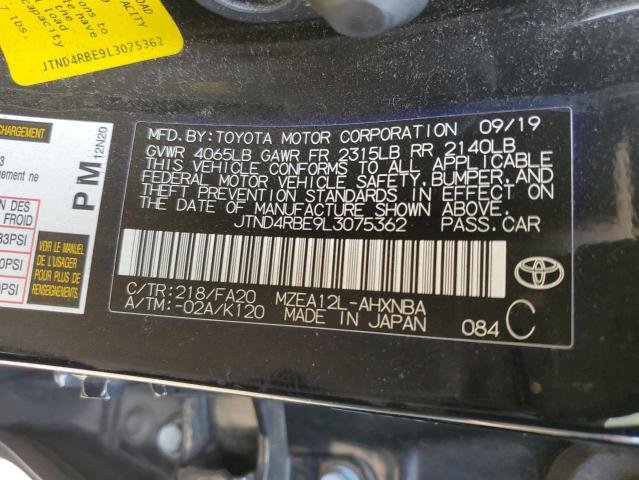 JTND4RBE9L3075362 - 2020 TOYOTA COROLLA SE BLACK photo 12