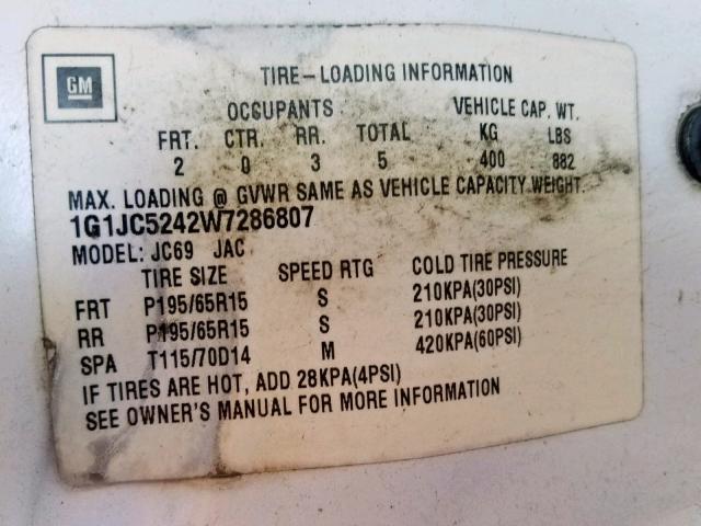 1G1JC5242W7286807 - 1998 CHEVROLET CAVALIER WHITE photo 10