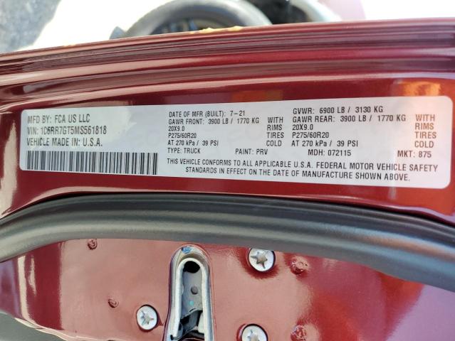 1C6RR7GT5MS561818 - 2021 RAM 1500 CLASS SLT 红色 照片 12