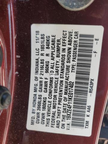 19XZE4F11KE017402 - 2019 HONDA INSIGHT LX MAROON photo 12