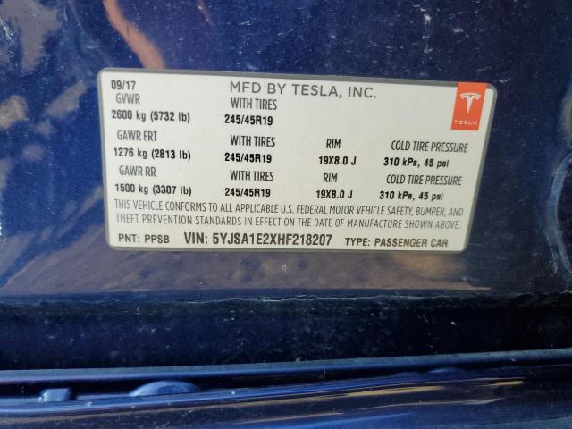 5YJSA1E2XHF218207 - 2017 TESLA MODEL S Կապույտ լուսանկար 12