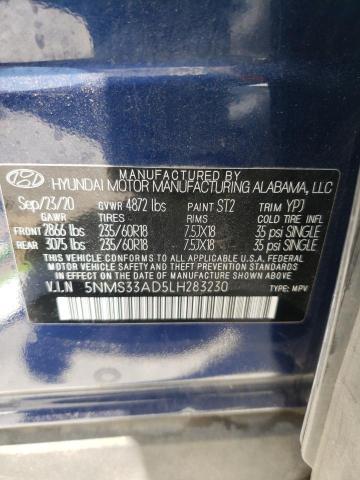 5NMS33AD5LH283230 - 2020 HYUNDAI SANTA FE SEL BLUE photo 13