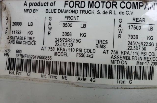 3FRNF65294V600856 - 2004 FORD F650 SUPER DUTY WHITE photo 10