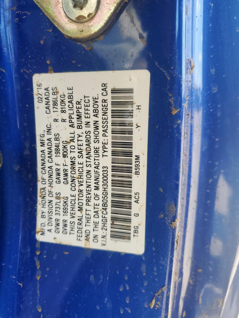 2HGFC4B05GH300033 - 2016 HONDA CIVIC LX Көк фото 12