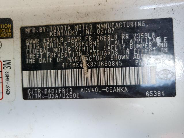 4T1BE46K87U660845 - 2007 TOYOTA CAMRY CE WHITE photo 12