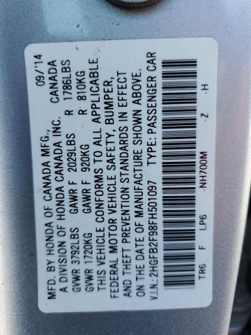 2HGFB2F98FH501097 - 2015 HONDA CIVIC EXL ვერცხლისფერი ფოტო 13