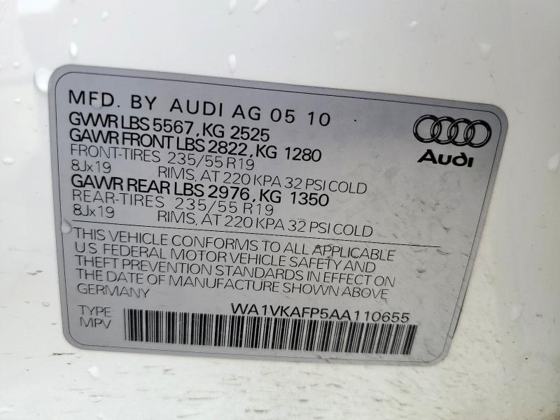 WA1VKAFP5AA110655 - 2010 AUDI Q5 PRESTIGE WHITE photo 13