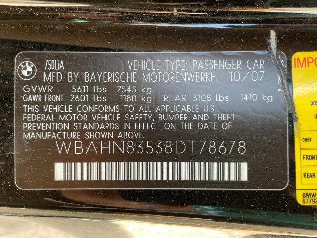 WBAHN83538DT78678 - 2008 BMW 750 LI BLACK photo 10