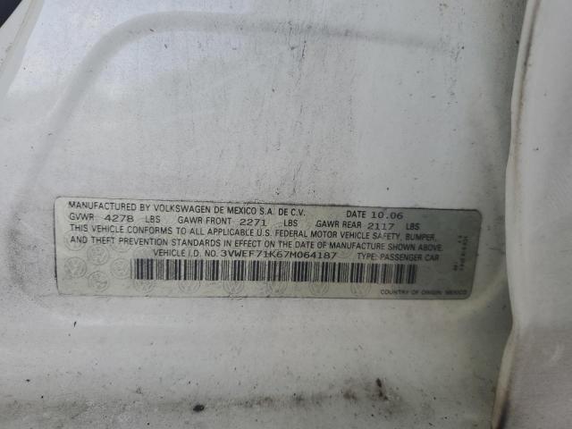 3VWEF71K67M064187 - 2007 VOLKSWAGEN JETTA WOLFSBURG 白色 照片 12