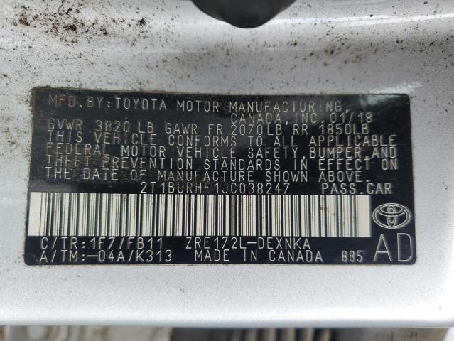 2T1BURHE1JC038247 - 2018 TOYOTA COROLLA L ვერცხლისფერი ფოტო 12