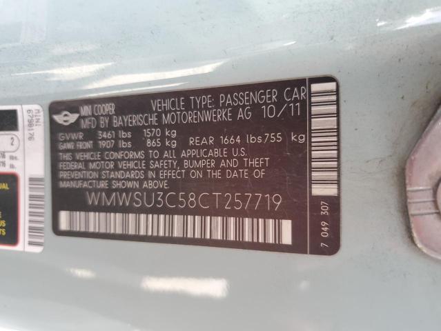 WMWSU3C58CT257719 - 2012 MINI COOPER TURQUOISE photo 12