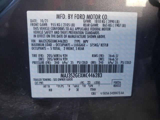 MAJ3S2GEXMC446283 - 2021 FORD ECOSPORT SE GRAY photo 10