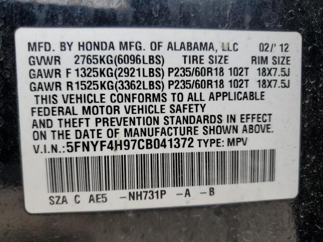 5FNYF4H97CB041372 - 2012 HONDA PILOT TOURING CHARCOAL photo 10